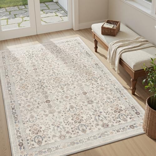 MontVoo-Vintage Area Rug 3x5 Beige Rugs for Living Room-Soft Distressed Printed Rugs for Bedroom-Non Slip Carpet-Machine Washable Rug for Dining Room