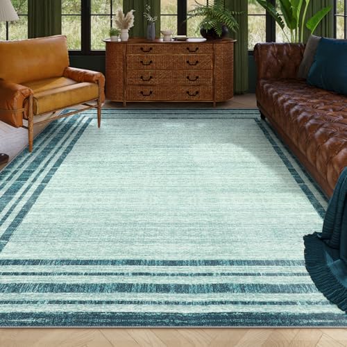 Lahome Abstract 9x12 Area Rug for Living Room, Washable Teal Rugs for Living Room Low-Pile Bedroom Rug, Minimalist Border Stain Resistant Large Room C