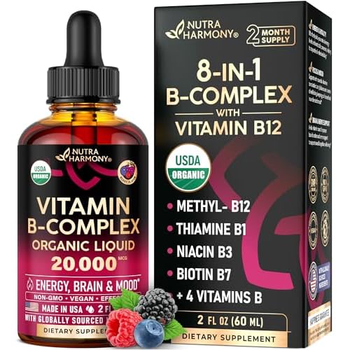 USDA Organic Vitamin B-Complex B5 Pantothenic Acid | B12 Methylcobalamin | B1 Thiamine | B6 Pyridoxine | B7 Biotin | B9 Folic | B3 Niacinamide - B Com
