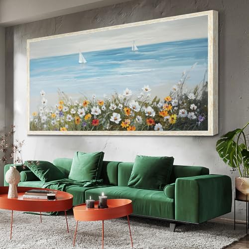 Ardemy Large Bedroom Wall Art Living Room，Daisy Flowers Canvas Wall Art Ocean Wall Picture Framed Painting Artwork for Home Office Kitchen Wall Deco