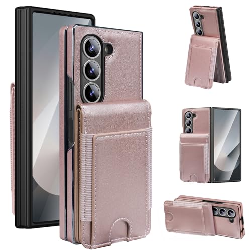 for Samsung Galaxy Z Fold 7 Case with Wallet, Built in Front Glass Screen Protector, 3 Card Slots and Any Angle Kickstand - Rose Gold Rose Gold Z Fold