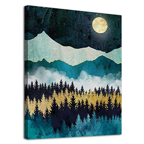 Mountain Forest Wall Art Moon Night Nature Canvas Artwork Modern Nordic Landscape Canvas Pictures for Bathroom Bedroom Living Room Kitchen Office Home