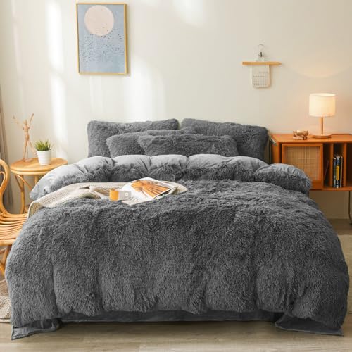 Fluffy Faux Fur Dark Grey Comforter Cover Set Queen - Ultra Soft Plush Dark Grey Bedding Queen Sets 3 Pieces (1 Fluffy Duvet Cover + 2 Faux Fur Pillow
