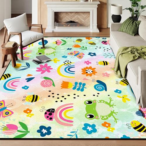 6' x 9' Rainbow Rug for Kids Boys Girls Children Bedroom Playroom Frog Butterfly Floral Cartoon Area Rugs Cute Carpet Living Room Decor Dorm Door Floo