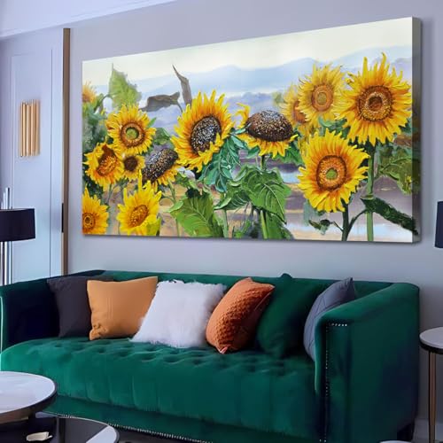 Ardemy Sunflower Wall Art Canvas Flowers Yellow Picture Rustic Floral Field Landscape Painting, Countryside Framed Artwork for Living Room Bedroom Din