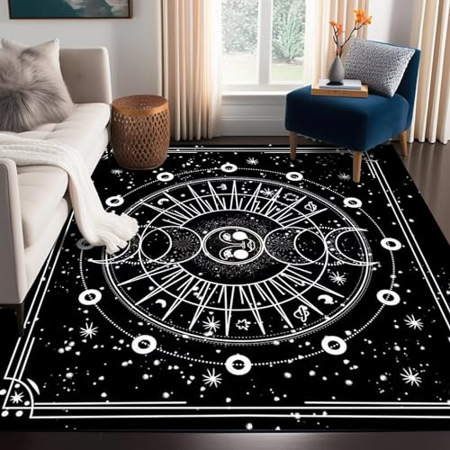 Sun and Moon Rug Boho Celestial Area Rugs for Bedroom Dorm Living Room Bohemian Occult Crescent Solar Stars Galaxy Floor Mat Pad Doormat,63" X 31",Bla