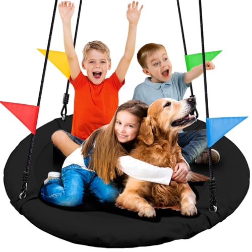 Odoland Kid Tree Swing - 40in Saucer Swings for Outdoor - Chidren Round 900D Waterproof Oxford Platform Swing - 660Lb Weight Capacity for Yard Black B