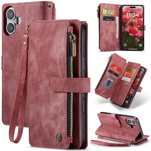for iPhone 16 Case with 7 Card Holder Slots Magnetic Zipper Pocket Pouch Flip KicStand Durable Premium Leather PU with Lanyard Strap Wristlet for Wome