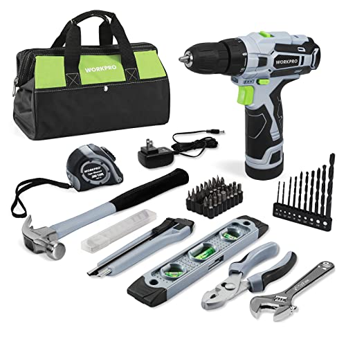 WORKPRO 12V Cordless Drill Driver and Home Tool Kit, Hand Tool Set for DIY, Home Maintenance, 14-inch Storage Bag Included Grey