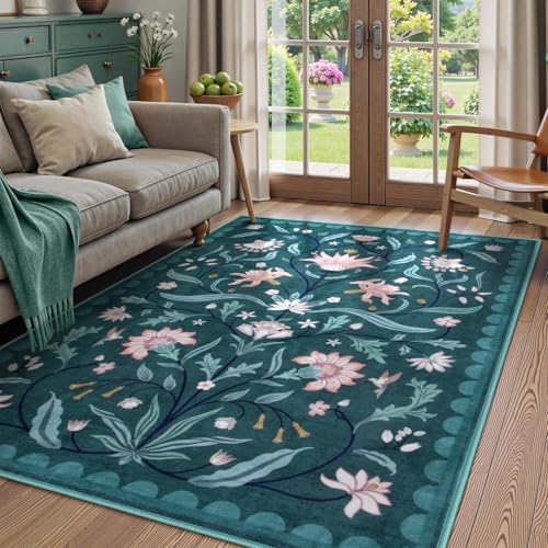 Lahome Boho Floral Washable Dark Teal 5x7 Area Rugs for Living Room, Non Slip Rugs for Bedroom, Indoor Ultra-Thin Throw Dining Room Carpet for Under T