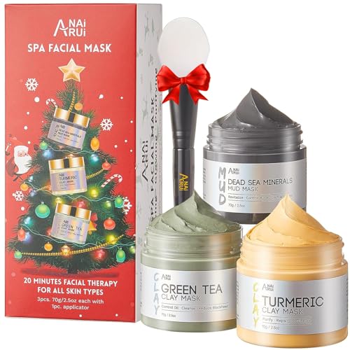 ANAI RUI 3 Pack Face Mask Gift Set,Christmas Facial Mask Set,Turmeric Clay Mask - Green Tea Mud Mask - Dead Sea Minerals Mud Mask Stocking Stuffers fo