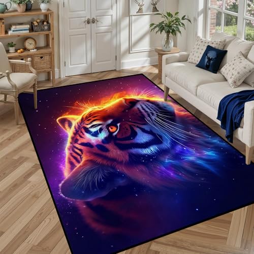 5' X 7' Galaxy Tiger Rug 3D Fierce Tigers Area Rugs for Bedroom Living Room Playroom Gameroom Boys Kids Fire Glitter Carpet Throw Rugs Floor Mat Galax