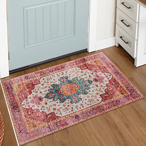 Moynesa Ultra-Thin Washable Pink Area Rug - 2x3 Small Pink Washable Bedroom Rug Entry Mat, Vintage Non-Slip Non-Shedding Low Pile Indoor Throw Carpet