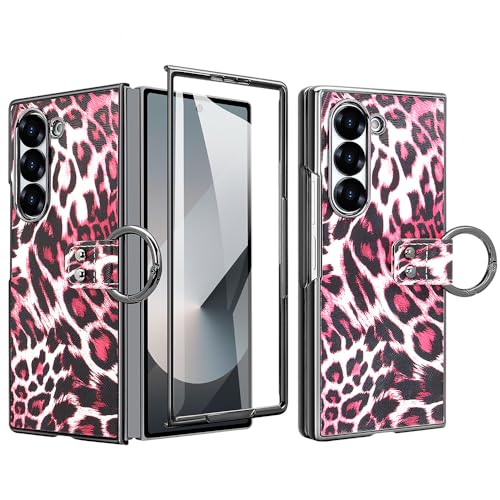 for Samsung Galaxy Z Fold 6 Ring Case with Luxurious Stylish Leather Leopard Pattern Design, Built-in Front Screen Protector Anti-Slip, Anti-Drop, and