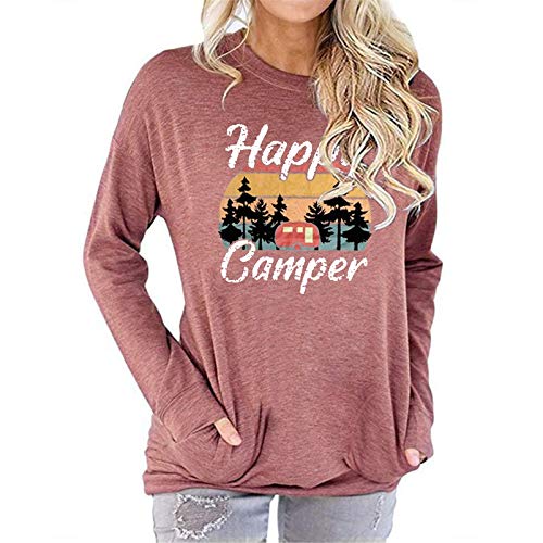 Fuyxxmer Womens Happy Camper Sweatshirt Vintage Mountain Graphic Tee Long Sleeve Pullover Blouses Top Shirts with Pockets Pink Small