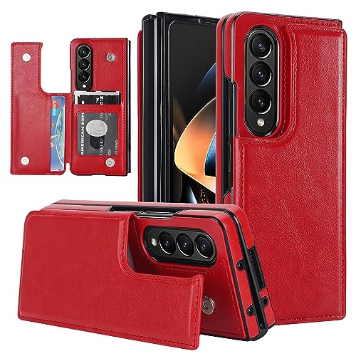for Samsung Galaxy Z Fold 3 Wallet Case with Credit Card Holder, Fold Premium Leather Magnetic Clasp Kickstand Heavy Duty Protective Cover.(Red) Red S