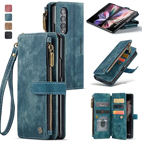 for Samsung Galaxy Z Fold 3 Wallet Case with 5 Card Holder Slots Magnetic Zipper Pocket Pouch Flip KicStand Durable Premium Leather PU with Lanyard St