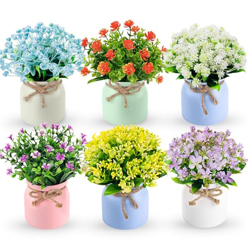 Der Rose 6 Pack Fake Plants Flowers Small Artificial Faux Plants in Plastic Macaron Pot for Home Bathroom Office Desk Accessories Wedding Decor Indoor