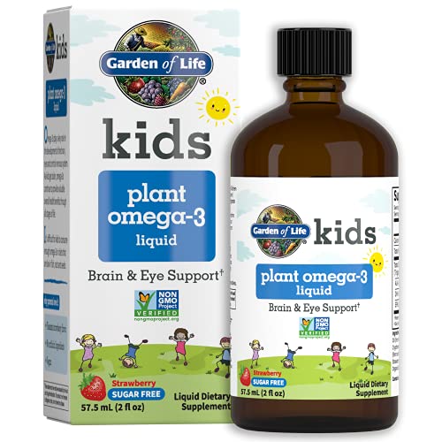Garden of Life Kids Plant Omega-3 Liquid, Strawberry - Vegan Brain & Eye Support for Kids, Plant-Based Children's Omega 3 ALA, DHA & EPA Supplement fo