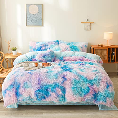 Fluffy Tie Dye Blue comforters Cover Twin Size - Ultra Soft Plush Bedding Sets 2 Pieces (1 Faux Fur Comforter Cover + 1 Fuzzy Pillow case) Girls Shagg