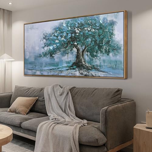 Ardemy Tree Framed Canvas Wall Art for Living Room Large Teal Tree of Life Landscape Bedroom Picture Wall Decor Nature Painting Blue Artwork Home Offi