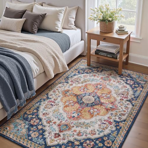 tchdio 3x5 Bedroom Area Rug, Non Slip Washable Entryway Rug Indoor, Soft Low Pile Vintage Door Mat, Stain Resistant Rug for Entrance, Bedside, Dining