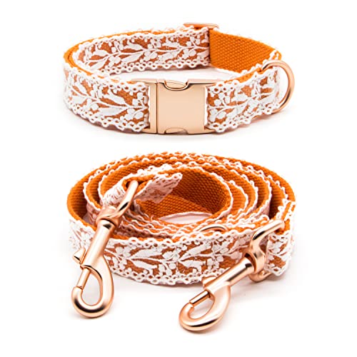 Dog Collar and Leash Set, Cotton Lace Handmade 4-5 FT Adjustable Comfortable Unique Collars and Leashes for Small Medium Large Dogs S Orange ((2pcs co