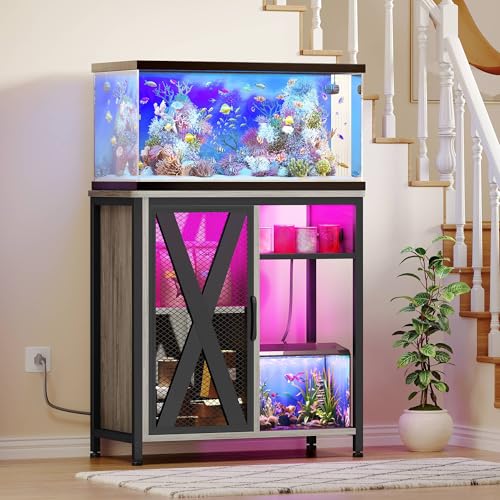 YITAHOME Fish Tank Stand with Power Outlets & LED Light, 20-29 Gallon Metal Aquarium Stand with Cabinet for Fish Tank Accessories Storage for Turtle T