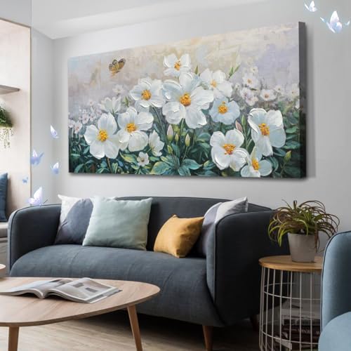 Ardemy Flower Wall Art，Extra Large Canvas Wall Art for Living Room Retro White Gold Floral Painting Picture Textured Bedroom Wall Decor Dining Home