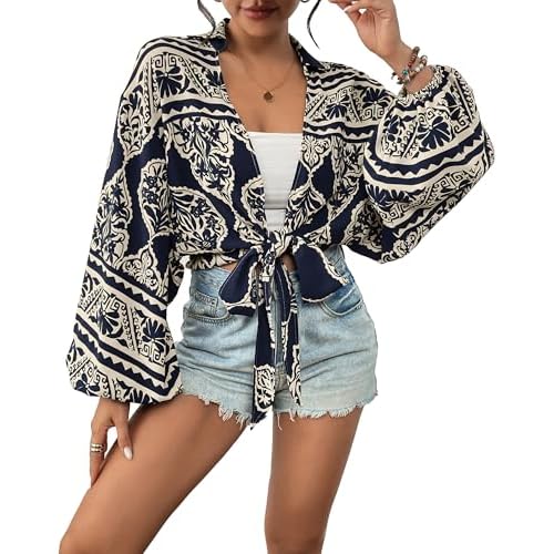 Eddoyee Women's Deep V Neck Tie Front Knot Wrap Tops Long Lantern Sleeve Casual Boho Blouses Loose Tunic Self-tie Shirts Navy Blue Medium