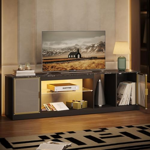 Bestier Gaming TV Stand for TVs up to 80 inch, 70 inch LED Entertainment Center with Adjustable Glass Shelf & Translucent Doors Storage Cabinet for PS