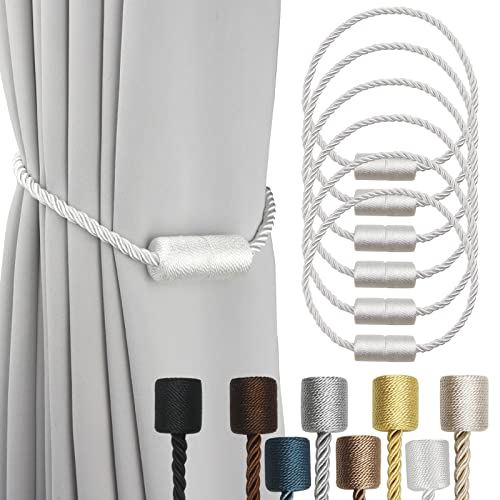 6 Pack White Strong Magnetic Curtain Tiebacks Outdoor Elegant Decorative Tie Backs Modern Rope Tiebacks for Drapes Window Curtain Holdbacks for Draper