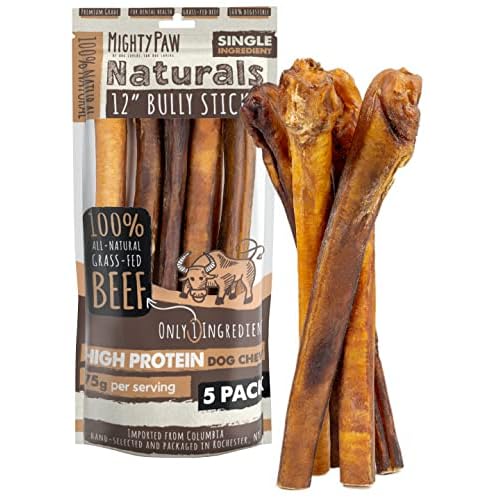 Mighty Paw Naturals Bully Sticks - All-Natural Protein-Rich Dog Chews from Grass-Fed Beef. Single-Ingredient Pet Treat for Dental Health. Keeps Chewer