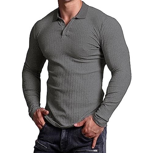 Muscle Cmdr Men's Cotton Muscle Shirts Slim Fit Business Casual Tee Long&Short Sleeve Ribbed Polo V Neck Shirt Medium Dark Grey-Long