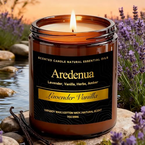 Lavender Vanilla Candle - Scented Candles for Home - 7oz Soy Candles with Relaxing Lavender & Sweet Vanilla Aroma, Long Lasting Scented Candle for Hom