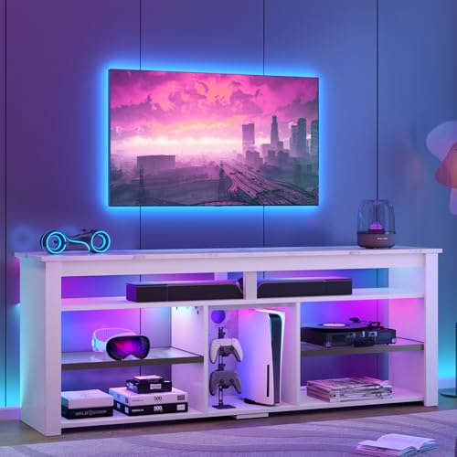 Bestier TV Stand for 70 inch TV, Tall Entertainment Center with 2 Led Lights, Gaming TV Console with Storage for PS5, Modern TV Cabinet for Bedroom, L