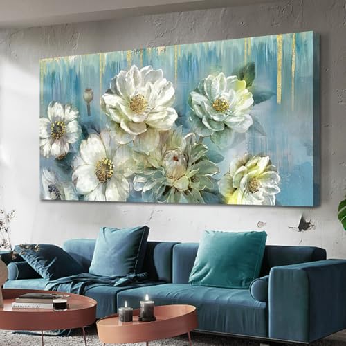 Ardemy Flowers Teal Wall Art Canvas Magnolia White Floral Picture Textured Painting Modern Turquoise Blue Artwork Framed for Living Room Bathroom Bedr