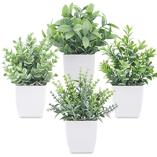 Der Rose 4 Pack Fake Plants Mini Artificial Greenery Potted Plants for Home Decor Indoor Office Table Room Farmhouse Bathroom Decor Grey
