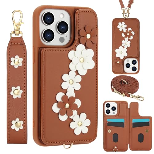 for iPhone 15 Pro Max Wallet Case with 4 Credit Card Holder Slots, Flower Pattern PU Leather Magnetic Clasp Kickstand with Long and Short Strap.-Brown