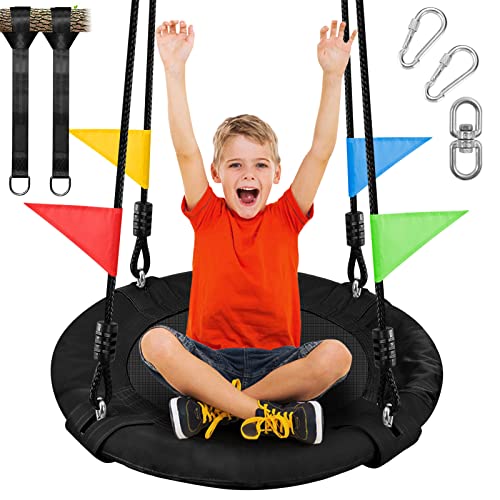 Odoland 24 inch Children Tree Swing, Outdoor Small Saucer Swings Platform for Kid, Round Flying wirh Adjustable Hanging Ropes for Backyard, 220lb Weig