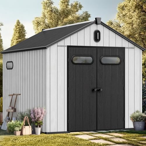 YITAHOME 8x10ft Outdoor Resin Storage Shed with Floor, 544 cuft Waterproof Garden Shed with Lockable Door, Windows & Vents, Plastic Tool Storage for P