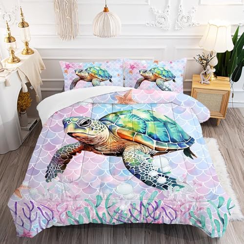 Turtle Comforter Set Twin Size Mermaid Bedding Set for Girls Kids Teens Women, Coral Watercolor Pink Quilt Bedroom Decor 1 Comforter 1 Pillowcase Merm