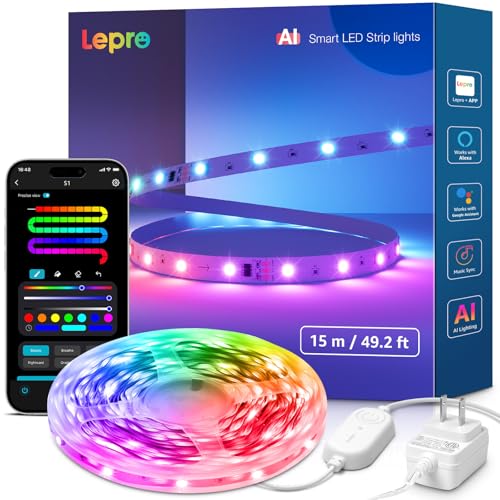 Lepro S1 AI LED Strip Lights for Bedroom - 50ft Smart RGB Light Strips with IC and Rainbow Chasing Effects, Color Segment DIY, Personalized Al Lightin