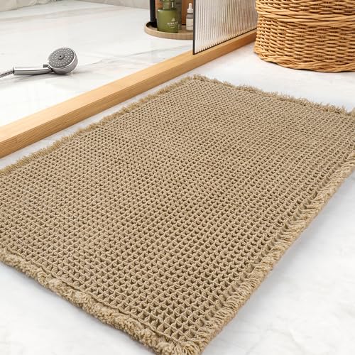 Waffle Bath Mat Rug, Super Absorbent Non Slip Bath Mats Ultra Soft Bathmat Machine Washable Bathroom Rugs with Tassels, Bath Rugs for Bathroom Floor B