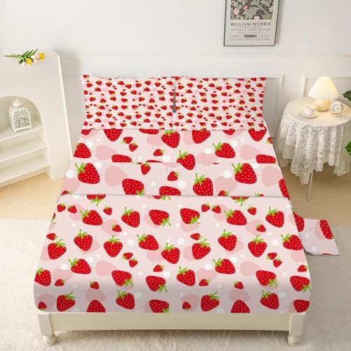 Pink Strawberry Sheet Set Twin: Kwaii Strawberry Bedding Set for Kids Teens Girls Boys Summer Fruits Bedroom Bed - 1 Flat Sheet, 1 Fitted Sheet, 1 Pil