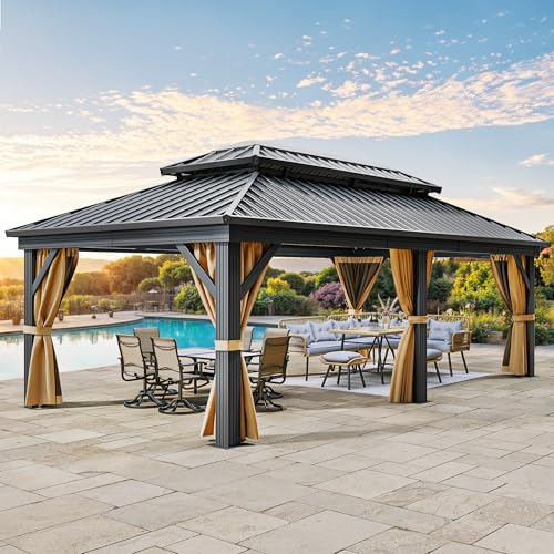 YITAHOME 12x18ft Gazebo Hardtop Canopy Outdoor Heavy Duty Double Roof w-Nettings and Curtains, Upgraded Aluminum Column Galvanized Steel Vertical Stri