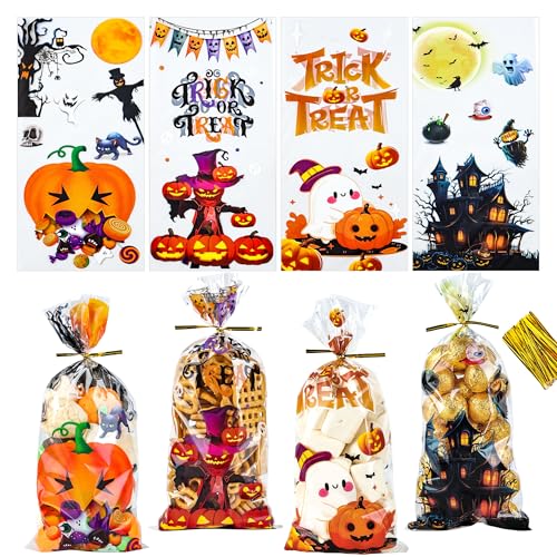 NPLUX 100 Pack Cellophane Bags Halloween Treat Bags with Ties Cookie Candy Bag Plastic Goodie Gifts Bag for Party Favors(4.8x10.6inch) Halloween Cello