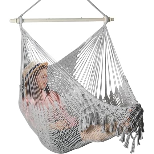 Handwoven Cotton Rope Hammock Chair with Metal Spreader Bar, Boho Hanging Chair Bedroom, Indoor Outdoor Swing Chair with Tassle, MistyMorning Gray