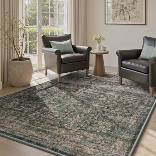 MontVoo-Vintage Area Rug 4X6 Green Rugs for Living Room-Soft Distressed Printed Rugs for Bedroom-Non Slip Carpet-Machine Washable Rug for Dining Room