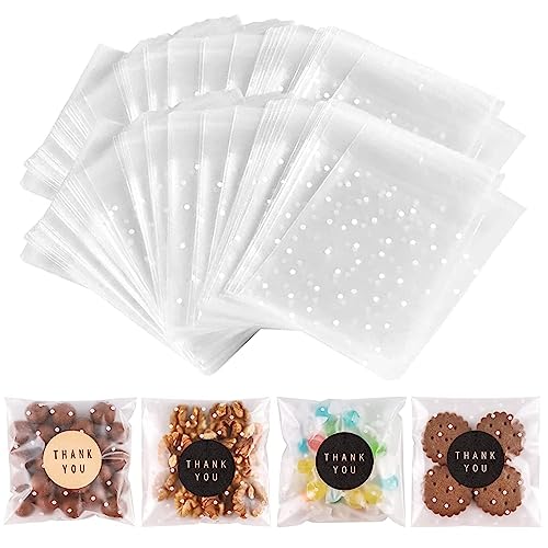 200PACK Self Sealing Cellophane Treat Bags Clear Cookie Bags for Gift Giving with Stickers(White Polka Dot, 4X4INCH) White Polka Dot 4x4 Inch (Pack of